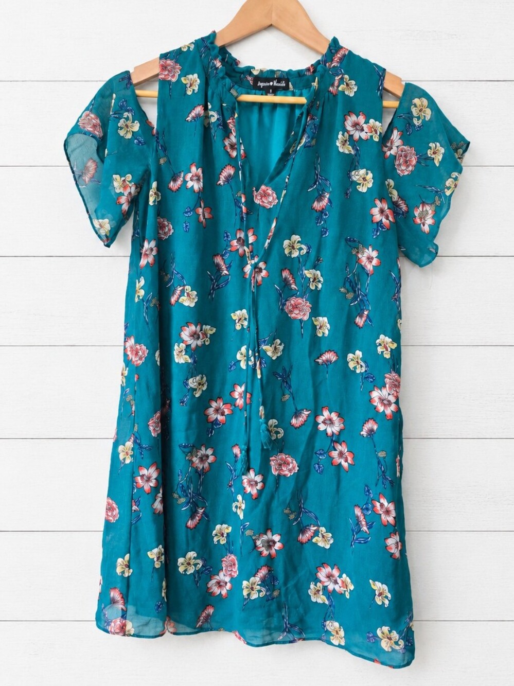 Sequin Hearts Teal Floral Cold-Shoulder Shift Dress Size S